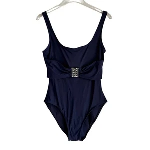 Karla Colletto Tank Swimsuit Round Neck Underwire Navy Blue Size 14 Bead Buckle - Picture 1 of 8