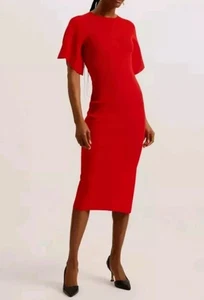 Ted Baker Midi Dress Womens TB 1 UK 8 Lounia Red Knitted Bodycon Flare Sleeve - Picture 1 of 24