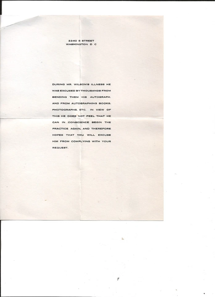 Declaración sobre la falta de autógrafos de Woodrow Wilson debido a una enfermedad Foto 1 de 1