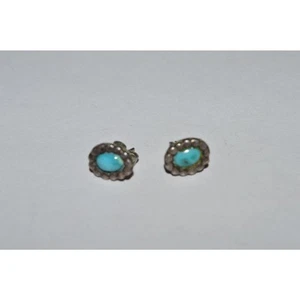 Vintage Turquoise Stud Earrings, Small Silver Earrings Oval Turquoise Stones - Picture 1 of 10