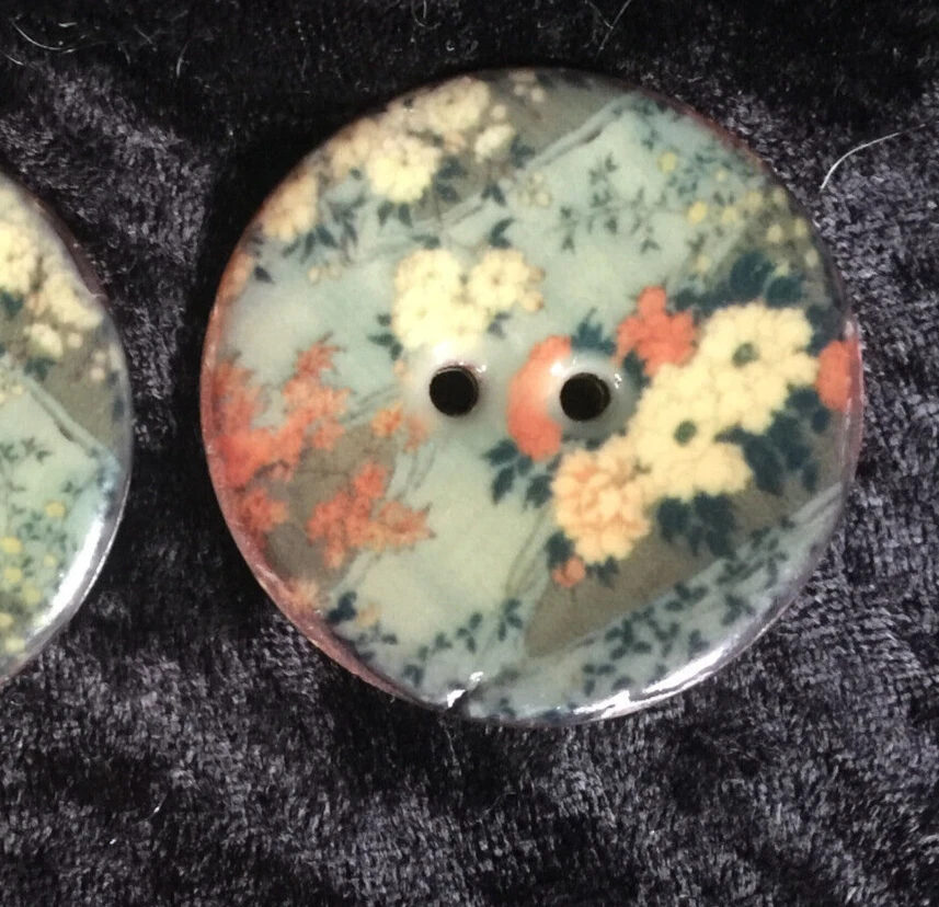 Coconut Shell Lacquered Japanese Flower Print Button 40mm Button Company - Image 1 of 1