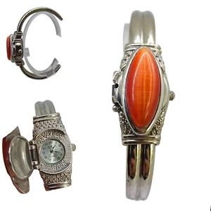 FUNKTIONIERT Vintage Quarz Uhr Manschette Armband Glas Edelstahl \ Karneol Stein - Bild 1 von 2