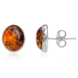 925 Solid Pure Sterling Silver Honey Baltic Amber Beautiful Oval Stud Earrings - Picture 1 of 4