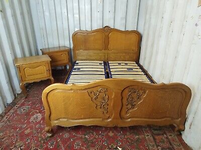 Wonderful King Size Bed And Two Night Tables Solid Oak Louis XV French Style • 367.60£