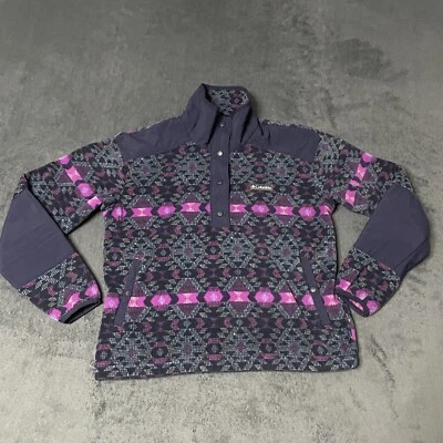 Suéter Columbia Snap Para Mujer M Púrpura Azul Estampado Azteca Polar Pullover Bolsillos Foto 1 de 4