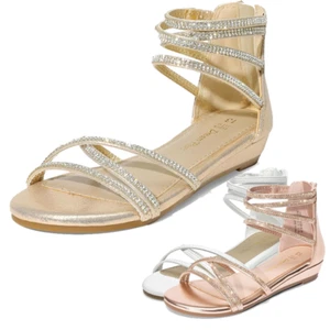 Girls Rhinestone Gladiator Sandals Strappy Open Toe Wedding Party Flat Sandals - Picture 1 of 22