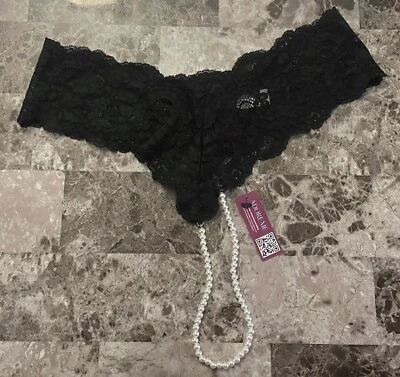 NWT ADORE ME SMALL BLACK FLORAL LACE PEARL STRING THONG CHEEKY PANTIES - Image 1 of 3