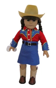 Puppenkleidung 18 Zoll Cowgirl Rock blau Oberteil rote Stiefel passen 18 Zoll Mädchen Puppen - Bild 1 von 7