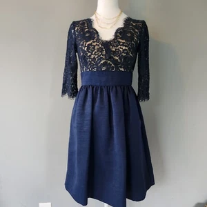 Eliza J Sz 4P Lace Fit and Flare Navy  Blue Cocktail Party Dress Pockets  V-Neck - Picture 1 of 16