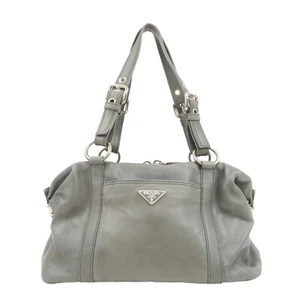 Auth PRADA Boston Bag Shoulder Bag Gray Silver Leather Hardware Used - Picture 1 of 24