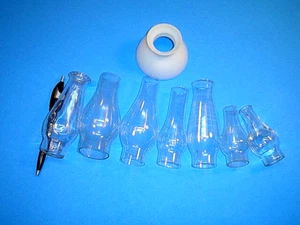 VINTAGE MINIATURE OIL LAMP CHIMNEYS AND SHADE - Picture 1 of 1