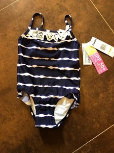 Flapdoodles Girl One piece Swimsuit Size 4 Navy Blue White Tie Dye Stripe - Picture 1 of 7