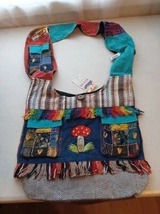 Embroidered Red Mushroom Cross Body Purse Cotton Boho Hippie Tote Bag Nepal - Picture 1 of 19