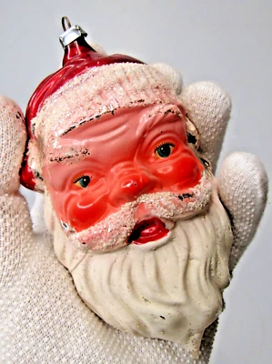 Vintage Glass Large SANTA HEAD Mica Mustache Blue Eye Christmas Ornament Germany - Image 1 of 4