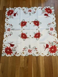 HOLIDAY CENTERPC. TABLECLOTH, 33" X 33", RED POINSETTAS & CARDINALS - Picture 1 of 2