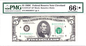 1969-C $5 FRN Cleveland **STAR** Only 480k Printed PMG 66EPQ STAR #D03530541* - Picture 1 of 2
