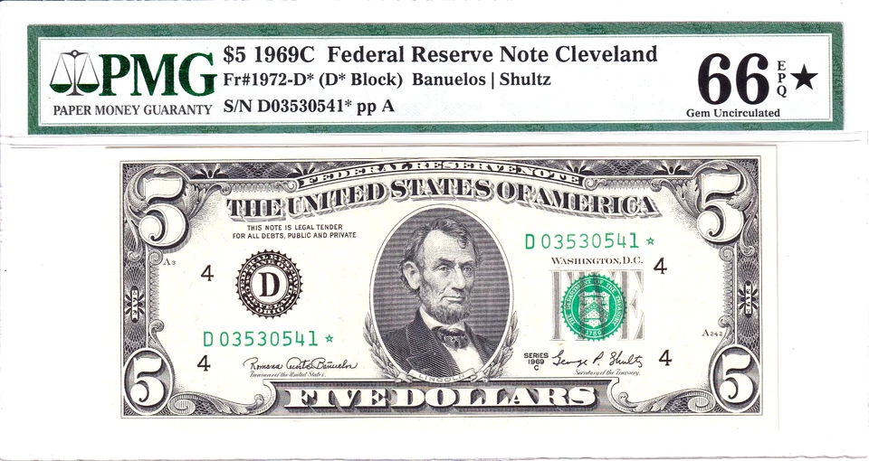 1969-C $5 FRN Cleveland **STAR** Only 480k Printed PMG 66EPQ STAR #D03530541* - Image 1 of 2