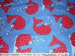 Counting Two Patty Reed Blue Whale Fabric  Cotton Quilt Red Polka Dot F48 43x60" - Picture 1 of 5