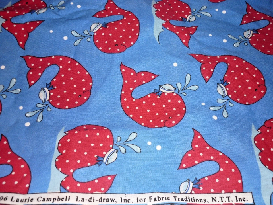 Counting Two Patty Reed Blue Whale Fabric  Cotton Quilt Red Polka Dot F48 43x60" - Image 1 of 4