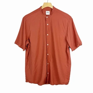 Zara Mandarin Collar Short Sleeve Button Down Casual Shirt Size Medium Rust - Picture 1 of 8