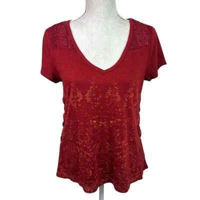 Miss Me Women's M V-Neck SS Tee Shirt Rust Red Lace Up Detail - Image 1 of 4