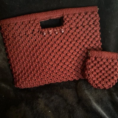 Vintage Maroon Macrame Purse with Beads At Handles Matching Change Purse - Image 1 of 4