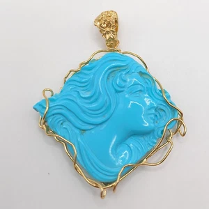 Colgante Cara Mujer Turquesa Chapado en Oro Plata Floral Fianza Rombo Forma 57.7mm - Imagen 1 de 5