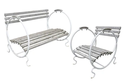 Vintage French Art Deco Style 2 Pc Metal & Wood Settee & Chair Outdoor Patio Set - Image 1 of 4