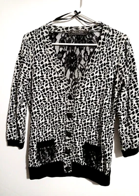 TWELVE by TWELVE Animal Print Black Lace Back Sweater M/M Button Down - Image 1 of 4