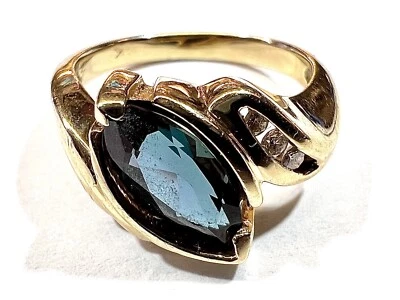 Yellow Gold Ring 14K Diamond & Synthetic Alexandrite Sz 4 Dark Blue Green (#392) - Image 1 of 4