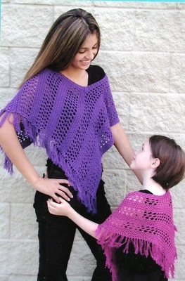 Easy Lace Poncho Fiber Trends Knitting Pattern AC-69 Adults & Kids - Image 1 of 2