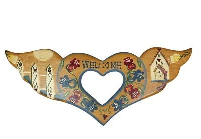Vintage Hand-Painted Wooden Heart Shaped Welcome Wall Sign Floral Birdhouse - Image 1 of 4