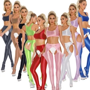 Women's Glossy 2 Piece Outfits U Neck Racerback Crop Top Footed Rave AU - Picture 1 of 90