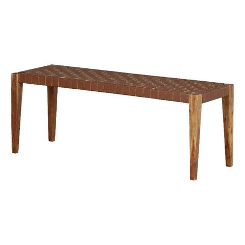 South Shore Balka 47"W Wood and Woven Leather Bench in Brown Cover