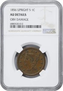 1856 Upright 5 Braided Hair Large Cent 1c NGC AU Details - Picture 1 of 3