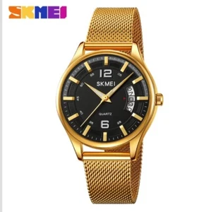 Reloj Hombre Analógico Malla Dorada Correa Acero Ajustable Hora Fecha Impermeable - Imagen 1 de 4