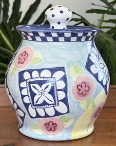 Damariscotta Art Pottery Maine Large 9" Handled Canister Jar Blue & Floral Decor - Picture 1 of 7