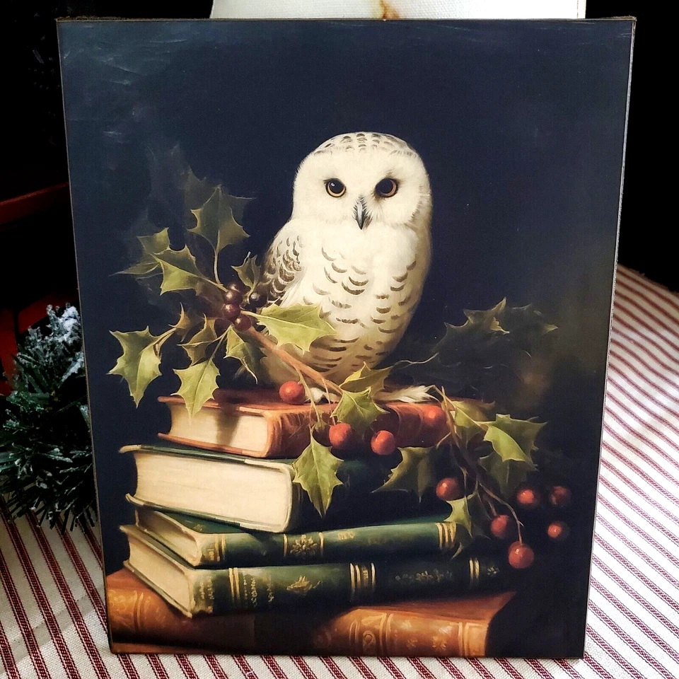STEAMPUNK GOTHIC PRIMITIVE VICTORIAN VINTAGE STYLE CHRISTMAS OWL PORTRAIT SIGN - Image 1 of 4
