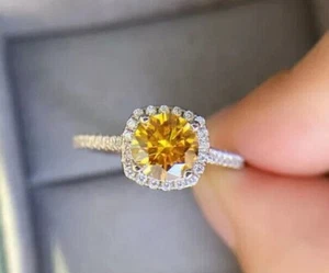 Round Cut Simulated Yellow Citrine Pretty Wedding Ring In 14k White Gold Plated - Picture 1 of 5