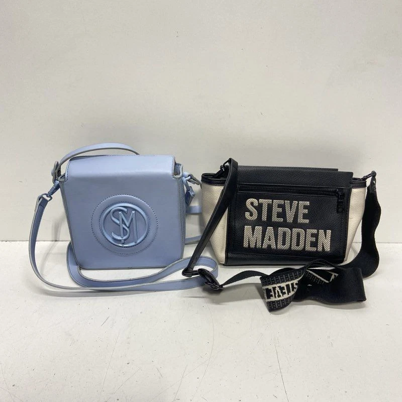Steve Madden SM Logo Front Satchel Crossbody Black White Blue Logo Pattern Set - Image 1 of 4