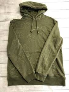 GAP Hoodie Mens Medium Olive Green Floral Print Pullover Embroidered Logo Fleece - Picture 1 of 6