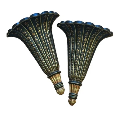 Par de Apliques de Pared Negro Acanalado Dorado Acentos Florales Tres Manos Decoración Foto 1 de 4