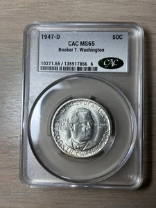 1947 D Booker T Washington Commemorative Half Dollar CACG Graded MS 65 Gem Unc - Picture 1 of 4
