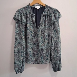 Evereve Ruffle Balloon Sleeve Paisley Blouse Size Medium Boho Office Feminine - Picture 1 of 7