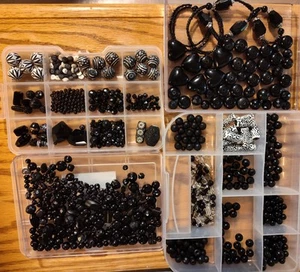 Mixed Black Bead Lot Large Small Glass Stone Plastic Bicone Facet Jewelry 1.4lb - Picture 1 of 13