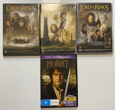 Lord Of The Rings 1 2 3 Trilogy + Hobbit LOTR All Three Movies DVD Region 4 - Image 1 of 4