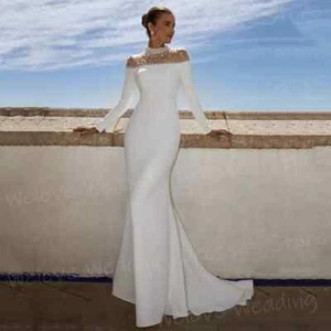 Simple Mermaid Wedding Dresses Round Neck Long Sleeves Satin Beaded Bridal Gowns - Picture 1 of 8