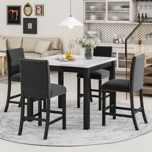 5-piece Counter Height Dining Table Set One Faux Marble Top Dining Table Four Ve - Picture 1 of 16