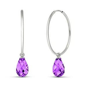 14K. SOLID GOLD HOOP EARRINGS WITH NATURAL AMETHYSTS (White Gold) - Picture 1 of 1