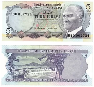 1970 Turkey P185 5 Turkish Lira Banknote UNC - Picture 1 of 1